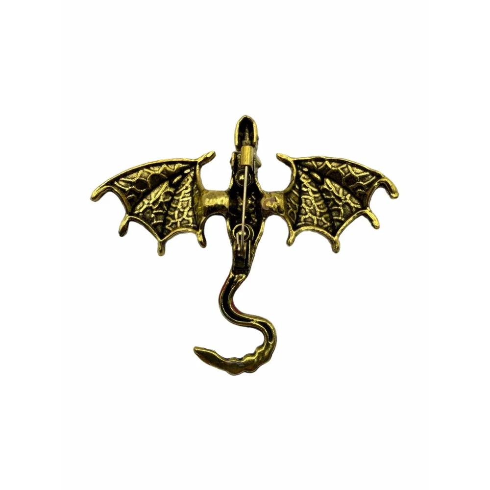 Red Enamel Dragon Brooch Gold Tone Rhinestone Mythical Fantasy Pin